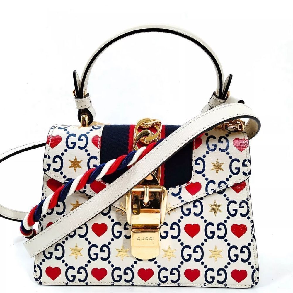Auth Gucci White Leather Top Handle Ltd Edition Sylvie Heart GG Monogram Handbag